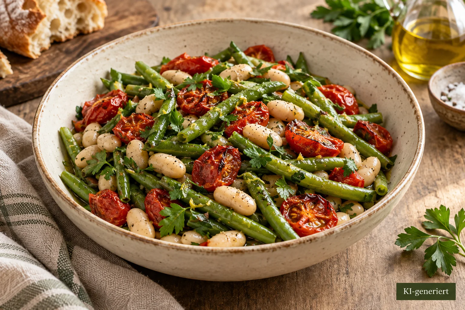 Warmer Salat aus grünen und weißen Bohnen mit Tomaten
