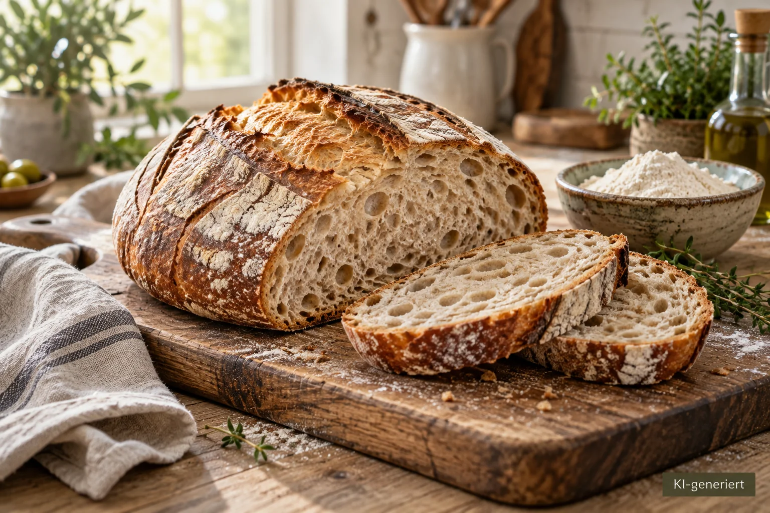 Angeschnittenes Sauerteigbrot mit kräftiger Kruste auf einem Holzbrett