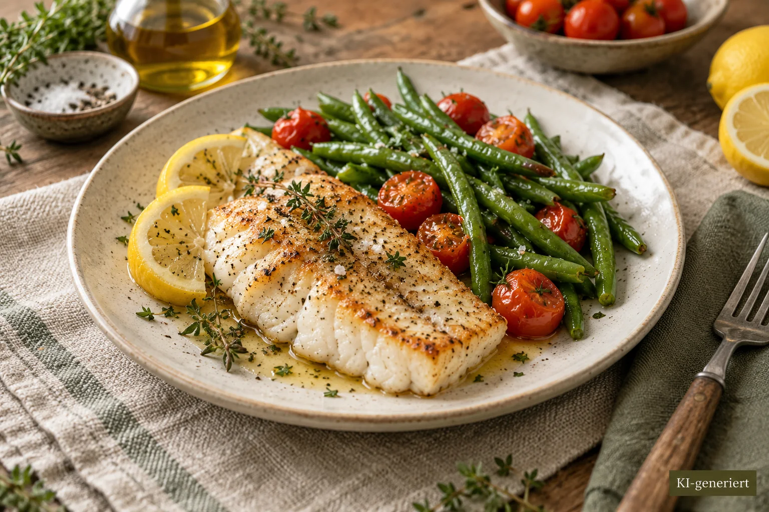 Gegartes Fischfilet mit grünen Bohnen, Tomaten und Zitrone