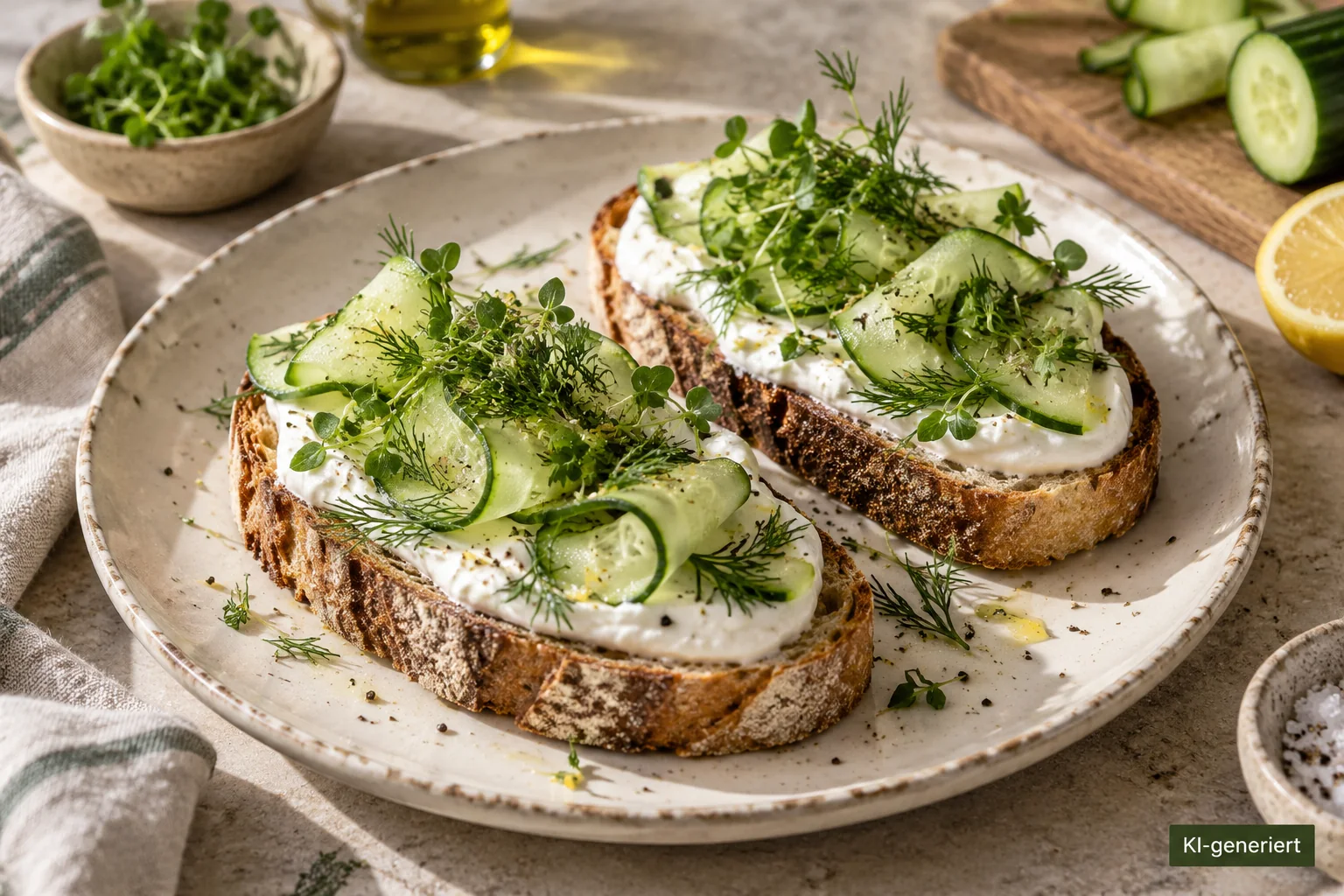 Sauerteigtoast mit Joghurt, Gurkenbändern, Dill und Kresse