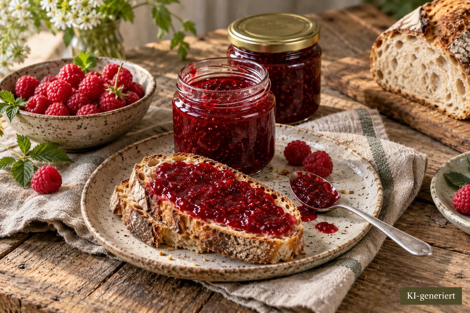 Himbeermarmelade in kleinen Gläsern neben Himbeeren und Brot