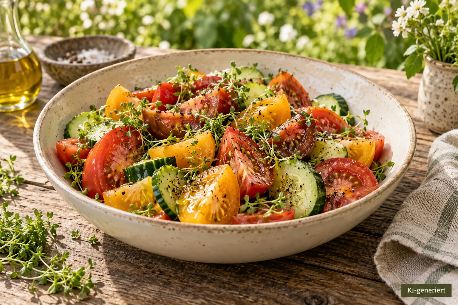 Tomaten-Gurken-Salat mit frischer Kresse in einer Keramikschale